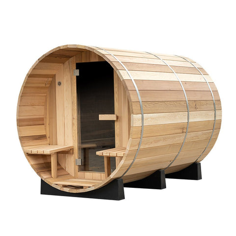 New 8 ft Barrel Sauna Kit with Porch Red Cedar Thermowood - with THERMOWOOD 8 FT BARREL SAUNA KIT & PORCH | Sold by Uncle Wiener's Wholesale