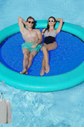 People relaxing on 8 ft inflatable water hammock island
Heavy-duty blue inflatable pool ring for lounging

Pool float with hand pump and carry bag

Oversized floating island for multiple people
8 ft round inflatable hammock on lake