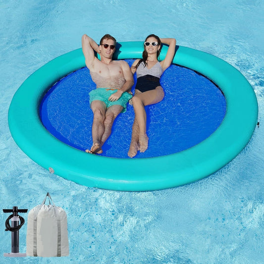 People relaxing on 8 ft inflatable water hammock island
Heavy-duty blue inflatable pool ring for lounging

Pool float with hand pump and carry bag

Oversized floating island for multiple people
8 ft round inflatable hammock on lake
