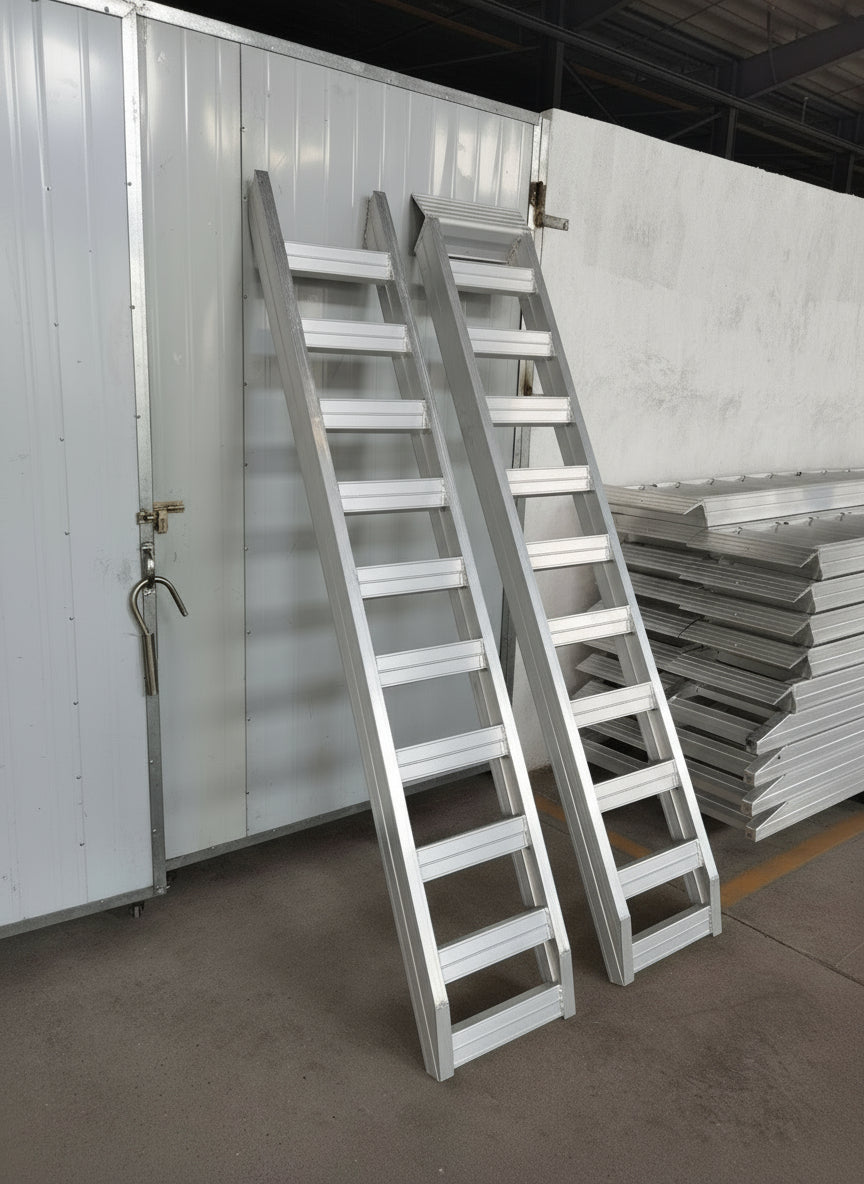 8 FT heavy-duty aluminum truck loading ramp folded
Foldable aluminum ramp for loading trucks and trailers
Side view of high-capacity 11000 lb aluminum loading ramp
Heavy-duty truck ramp in use for machinery loading