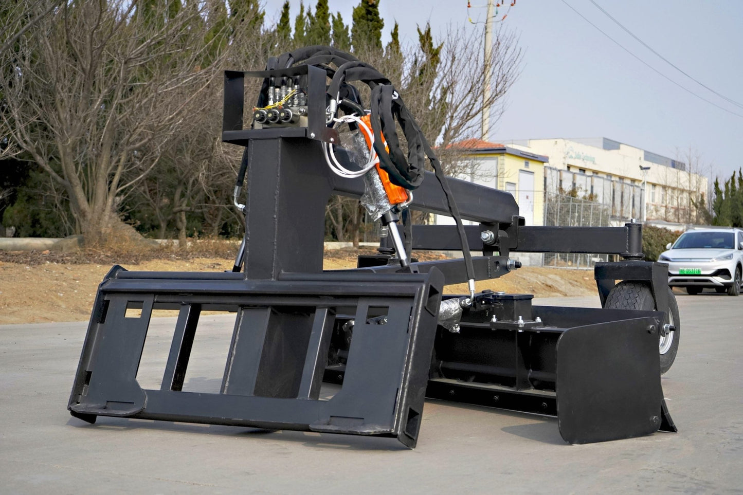8FT Skid Steer Hydraulic Land Grader with Blade Tilt
Side View of Land Grader Attachment for Skid Steer
Blade Edge and Pneumatic Tires of Hydraulic Grader
In-Cab Controlled Land Grader Mounted on Skid Steer
Land Grading Attachment with Adjustable Angle and Tilt