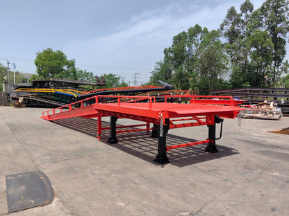 Heavy-duty loading dock ramp with red grating on asphalt yard

Forklift-compatible yard ramp side view with guardrails

Industrial dock ramp base plate and wheels

Side profile of 8 ft wide portable dock ramp

Ramp surface with serrated anti-slip steel close-up