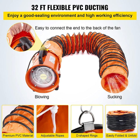 8-inch high velocity ventilation blower with flexible PVC duct
Industrial orange exhaust fan with 2800 RPM motor
Portable ducted ventilation fan for workshops and tunnels
2295 CFM heavy-duty blower with steel housing