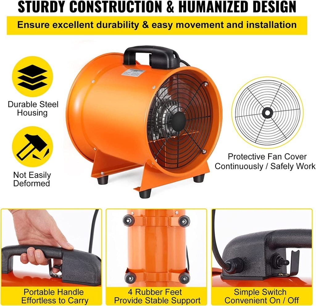 8-inch high velocity ventilation blower with flexible PVC duct
Industrial orange exhaust fan with 2800 RPM motor
Portable ducted ventilation fan for workshops and tunnels
2295 CFM heavy-duty blower with steel housing