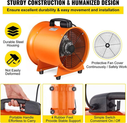 8-inch high velocity ventilation blower with flexible PVC duct
Industrial orange exhaust fan with 2800 RPM motor
Portable ducted ventilation fan for workshops and tunnels
2295 CFM heavy-duty blower with steel housing