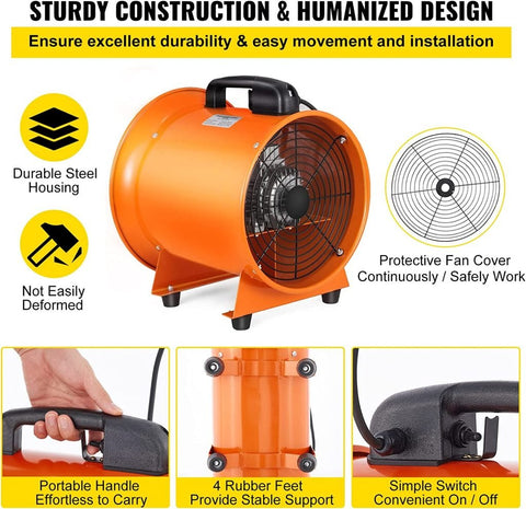 8-inch high velocity ventilation blower with flexible PVC duct
Industrial orange exhaust fan with 2800 RPM motor
Portable ducted ventilation fan for workshops and tunnels
2295 CFM heavy-duty blower with steel housing