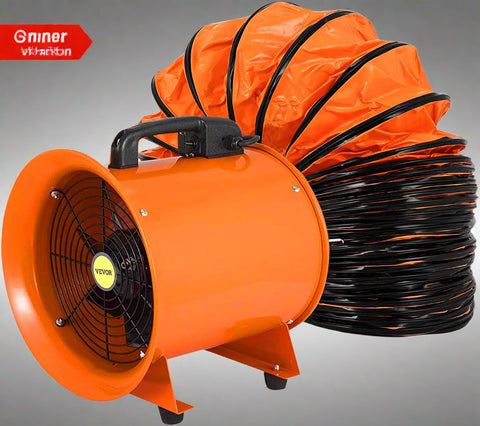 8-inch high velocity ventilation blower with flexible PVC duct
Industrial orange exhaust fan with 2800 RPM motor
Portable ducted ventilation fan for workshops and tunnels
2295 CFM heavy-duty blower with steel housing