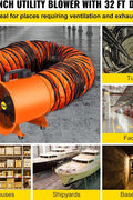 8-inch high velocity ventilation blower with flexible PVC duct
Industrial orange exhaust fan with 2800 RPM motor
Portable ducted ventilation fan for workshops and tunnels
2295 CFM heavy-duty blower with steel housing