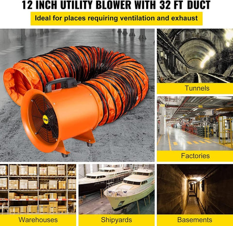 8-inch high velocity ventilation blower with flexible PVC duct
Industrial orange exhaust fan with 2800 RPM motor
Portable ducted ventilation fan for workshops and tunnels
2295 CFM heavy-duty blower with steel housing
