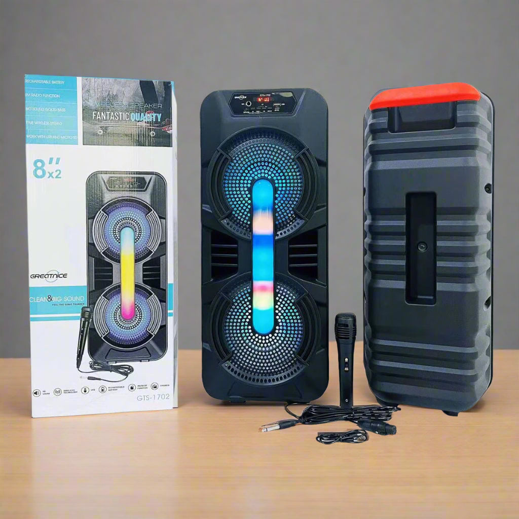 “8 inch Bluetooth speaker with microphone input and USB/TF/FM playback”

“Rechargeable portable party speaker with handle – GTS1702”

“Bluetooth speaker system with dual 10W output and built-in display”

“Multi-input speaker with USB, FM, AUX, and SD card support”

“Mic-ready portable Bluetooth speaker for karaoke and events”