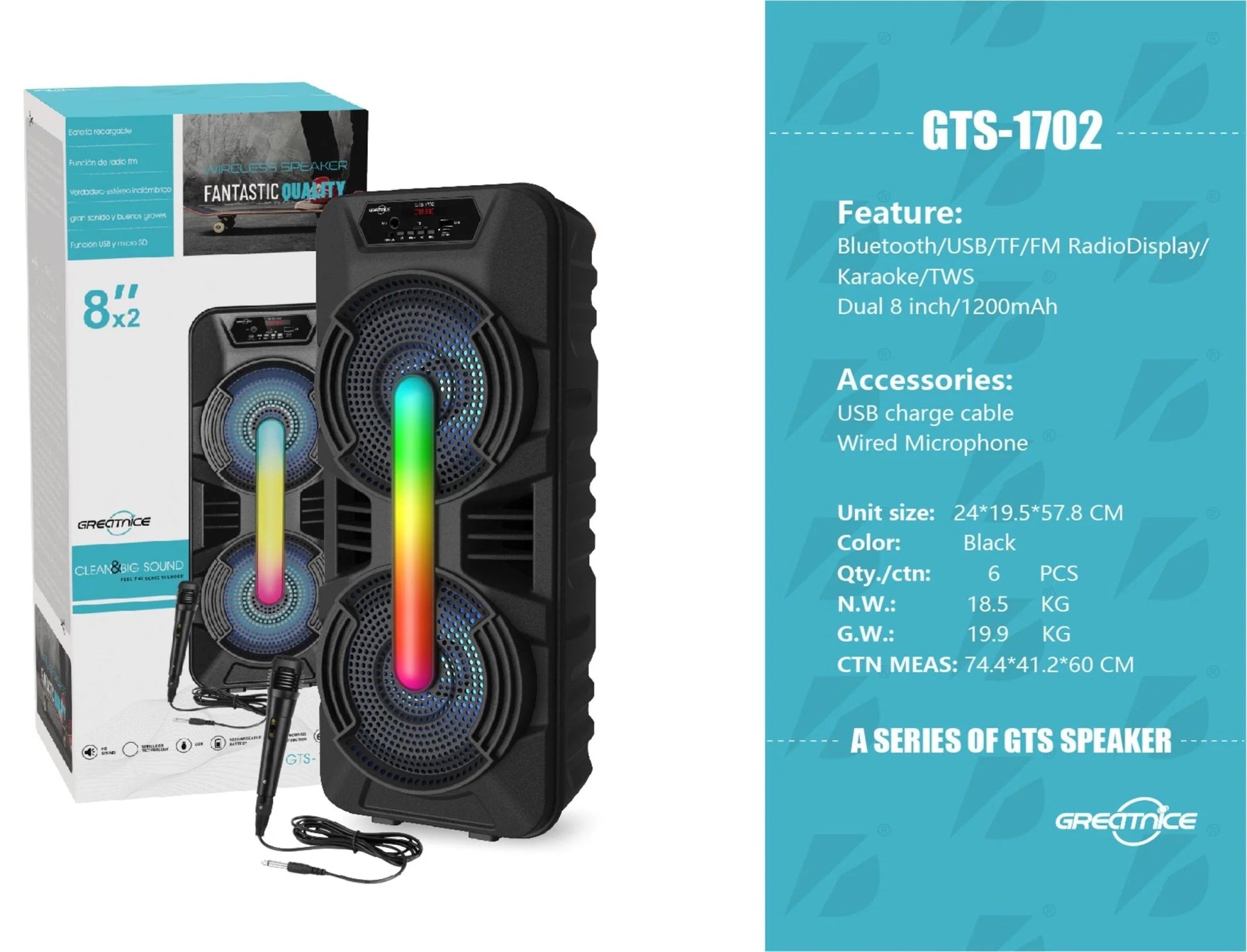 “8 inch Bluetooth speaker with microphone input and USB/TF/FM playback”

“Rechargeable portable party speaker with handle – GTS1702”

“Bluetooth speaker system with dual 10W output and built-in display”

“Multi-input speaker with USB, FM, AUX, and SD card support”

“Mic-ready portable Bluetooth speaker for karaoke and events”