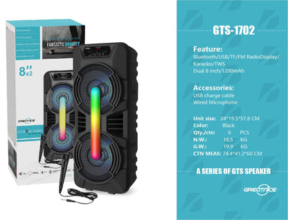 “8 inch Bluetooth speaker with microphone input and USB/TF/FM playback”

“Rechargeable portable party speaker with handle – GTS1702”

“Bluetooth speaker system with dual 10W output and built-in display”

“Multi-input speaker with USB, FM, AUX, and SD card support”

“Mic-ready portable Bluetooth speaker for karaoke and events”