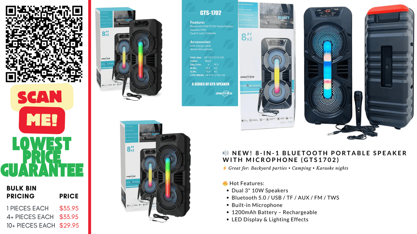 “8 inch Bluetooth speaker with microphone input and USB/TF/FM playback”

“Rechargeable portable party speaker with handle – GTS1702”

“Bluetooth speaker system with dual 10W output and built-in display”

“Multi-input speaker with USB, FM, AUX, and SD card support”

“Mic-ready portable Bluetooth speaker for karaoke and events”