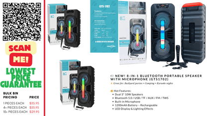 “8 inch Bluetooth speaker with microphone input and USB/TF/FM playback”

“Rechargeable portable party speaker with handle – GTS1702”

“Bluetooth speaker system with dual 10W output and built-in display”

“Multi-input speaker with USB, FM, AUX, and SD card support”

“Mic-ready portable Bluetooth speaker for karaoke and events”