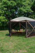 8-person pop-up camping screen tent with mesh and UV protection

hexagon-shaped 12x12 ft canopy gazebo for outdoor camping

brown outdoor screen house with zippered doors and airflow windows

Easy setup pop-up tent for the backyard and picnic

camping gazebo with mesh sides for insect protection