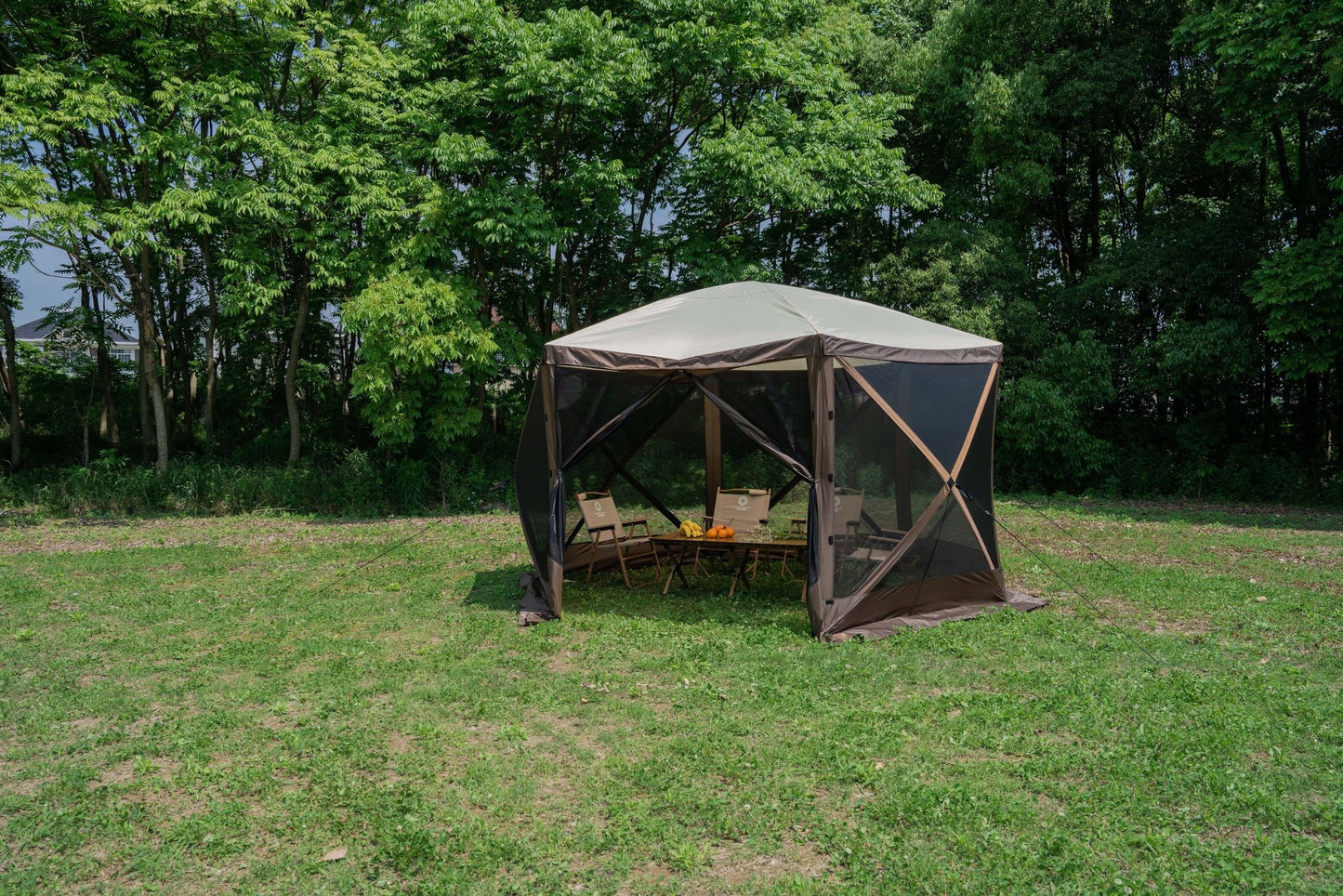 8-person pop-up camping screen tent with mesh and UV protection

hexagon-shaped 12x12 ft canopy gazebo for outdoor camping

brown outdoor screen house with zippered doors and airflow windows

Easy setup pop-up tent for the backyard and picnic

camping gazebo with mesh sides for insect protection