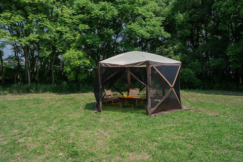 8-person pop-up camping screen tent with mesh and UV protection

hexagon-shaped 12x12 ft canopy gazebo for outdoor camping

brown outdoor screen house with zippered doors and airflow windows

Easy setup pop-up tent for the backyard and picnic

camping gazebo with mesh sides for insect protection