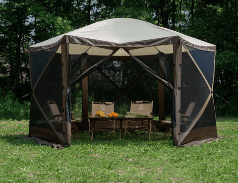 8-person pop-up camping screen tent with mesh and UV protection

hexagon-shaped 12x12 ft canopy gazebo for outdoor camping

brown outdoor screen house with zippered doors and airflow windows

Easy setup pop-up tent for backyard and picnic

camping gazebo with mesh sides for insect protection