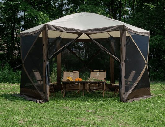 8-person pop-up camping screen tent with mesh and UV protection

hexagon-shaped 12x12 ft canopy gazebo for outdoor camping

brown outdoor screen house with zippered doors and airflow windows

Easy setup pop-up tent for backyard and picnic

camping gazebo with mesh sides for insect protection