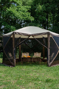 8-person pop-up camping screen tent with mesh and UV protection

hexagon-shaped 12x12 ft canopy gazebo for outdoor camping

brown outdoor screen house with zippered doors and airflow windows

Easy setup pop-up tent for the backyard and picnic

camping gazebo with mesh sides for insect protection