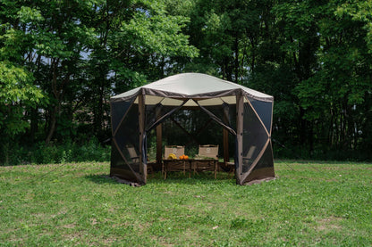 8-person pop-up camping screen tent with mesh and UV protection

hexagon-shaped 12x12 ft canopy gazebo for outdoor camping

brown outdoor screen house with zippered doors and airflow windows

Easy setup pop-up tent for the backyard and picnic

camping gazebo with mesh sides for insect protection
