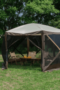 8-person pop-up camping screen tent with mesh and UV protection

hexagon-shaped 12x12 ft canopy gazebo for outdoor camping

brown outdoor screen house with zippered doors and airflow windows

Easy setup pop-up tent for the backyard and picnic

camping gazebo with mesh sides for insect protection