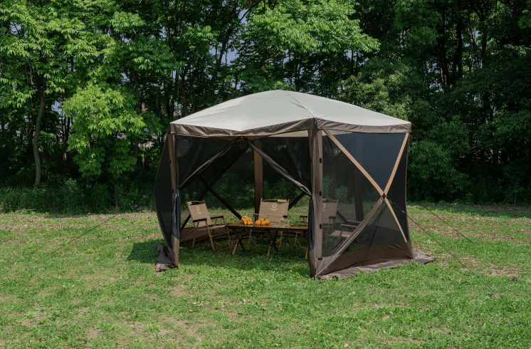 8-person pop-up camping screen tent with mesh and UV protection

hexagon-shaped 12x12 ft canopy gazebo for outdoor camping

brown outdoor screen house with zippered doors and airflow windows

Easy setup pop-up tent for the backyard and picnic

camping gazebo with mesh sides for insect protection