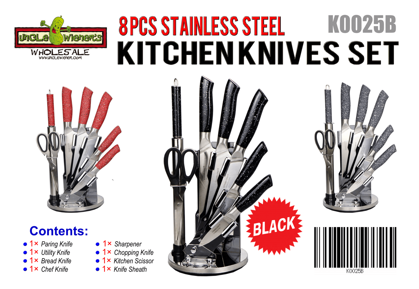 New 8 - Piece Stainless Steel Knife Set – Kitchen Cutlery Set with Ergonomic Handles - with Red | Sold by Uncle Wiener's Wholesale