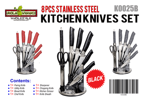 New 8 - Piece Stainless Steel Knife Set – Kitchen Cutlery Set with Ergonomic Handles - with Red | Sold by Uncle Wiener's Wholesale