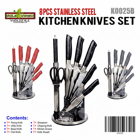New 8 - Piece Stainless Steel Knife Set – Kitchen Cutlery Set with Ergonomic Handles - with Red | Sold by Uncle Wiener's Wholesale