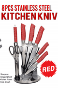 New 8 - Piece Stainless Steel Knife Set – Kitchen Cutlery Set with Ergonomic Handles - with Red | Sold by Uncle Wiener's Wholesale