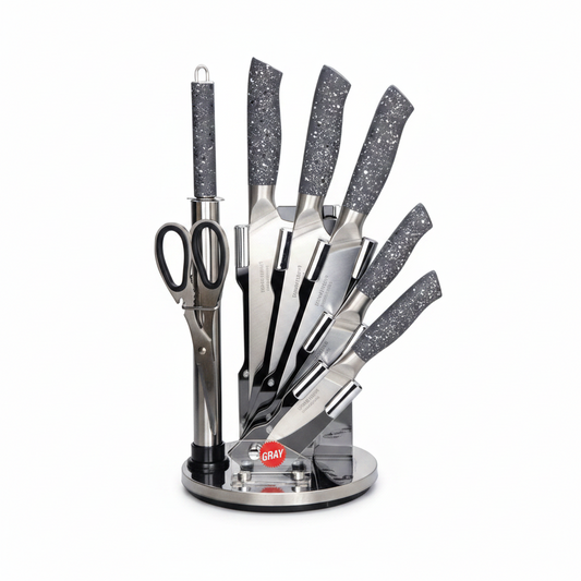 New 8 - Piece Stainless Steel Knife Set – Kitchen Cutlery Set with Ergonomic Handles - with Red | Sold by Uncle Wiener's Wholesale