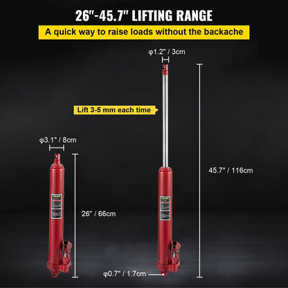 8-Ton Long Ram Hydraulic Jack – Full Side View in Red
Hydraulic Long Ram Jack – Pump Handle and Cylinder Detail
Heavy-Duty 8 Ton Jack – Top Cap and Piston Close-Up
Red Steel Long Ram Jack – Mounted on Engine Hoist Setup
Shop Crane Hydraulic Jack – Long Stroke Adjustment View