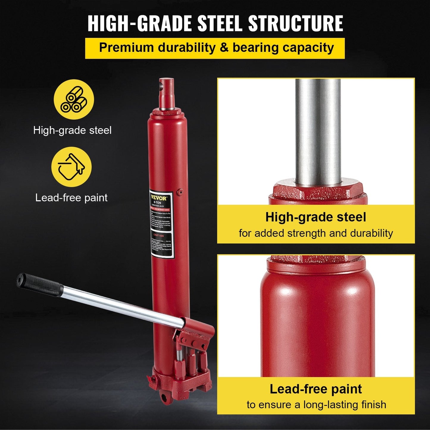 8-Ton Long Ram Hydraulic Jack – Full Side View in Red
Hydraulic Long Ram Jack – Pump Handle and Cylinder Detail
Heavy-Duty 8 Ton Jack – Top Cap and Piston Close-Up
Red Steel Long Ram Jack – Mounted on Engine Hoist Setup
Shop Crane Hydraulic Jack – Long Stroke Adjustment View