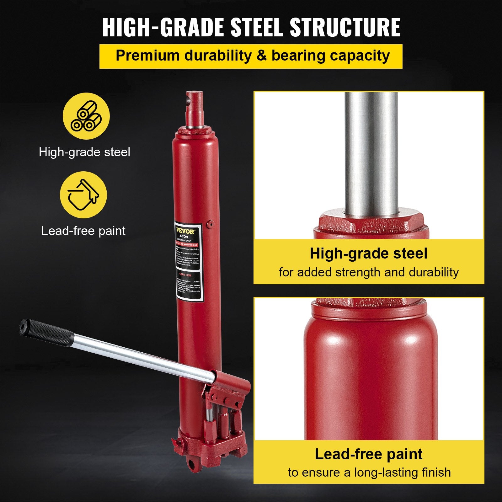 8-Ton Long Ram Hydraulic Jack – Full Side View in Red
Hydraulic Long Ram Jack – Pump Handle and Cylinder Detail
Heavy-Duty 8 Ton Jack – Top Cap and Piston Close-Up
Red Steel Long Ram Jack – Mounted on Engine Hoist Setup
Shop Crane Hydraulic Jack – Long Stroke Adjustment View