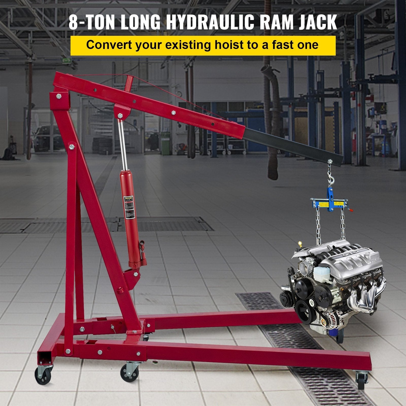 8-Ton Long Ram Hydraulic Jack – Full Side View in Red
Hydraulic Long Ram Jack – Pump Handle and Cylinder Detail
Heavy-Duty 8 Ton Jack – Top Cap and Piston Close-Up
Red Steel Long Ram Jack – Mounted on Engine Hoist Setup
Shop Crane Hydraulic Jack – Long Stroke Adjustment View