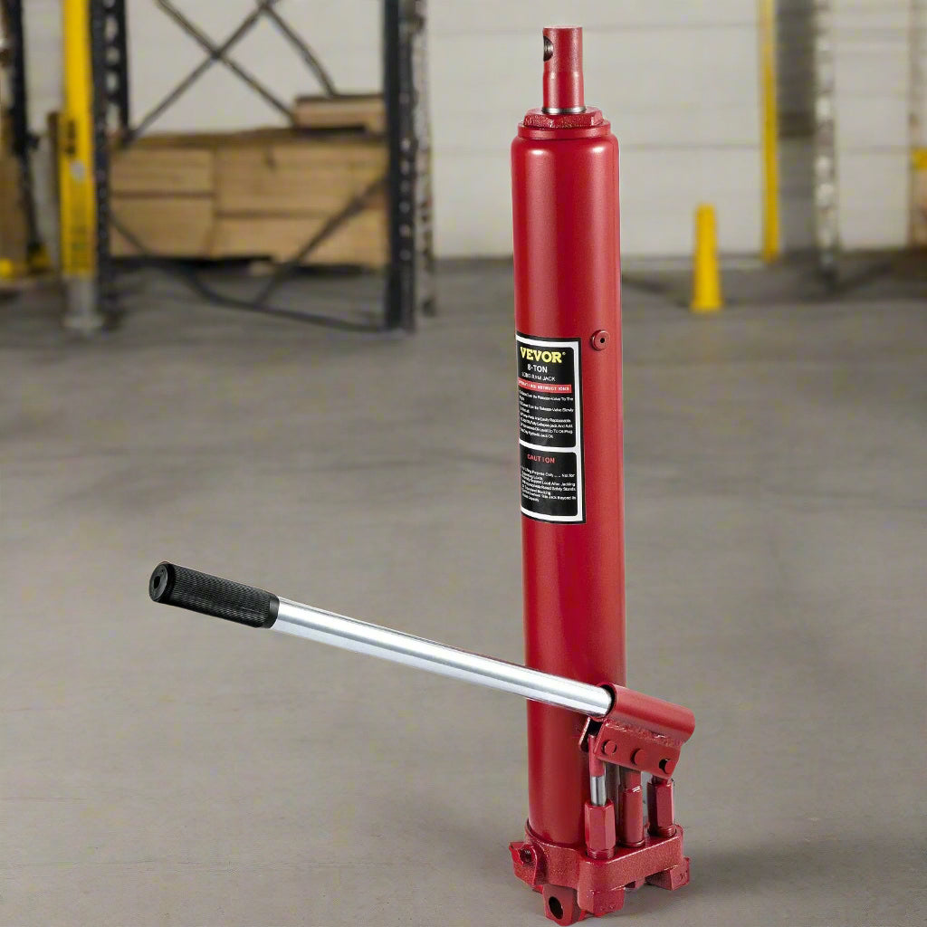 8-Ton Long Ram Hydraulic Jack – Full Side View in Red
Hydraulic Long Ram Jack – Pump Handle and Cylinder Detail
Heavy-Duty 8 Ton Jack – Top Cap and Piston Close-Up
Red Steel Long Ram Jack – Mounted on Engine Hoist Setup
Shop Crane Hydraulic Jack – Long Stroke Adjustment View