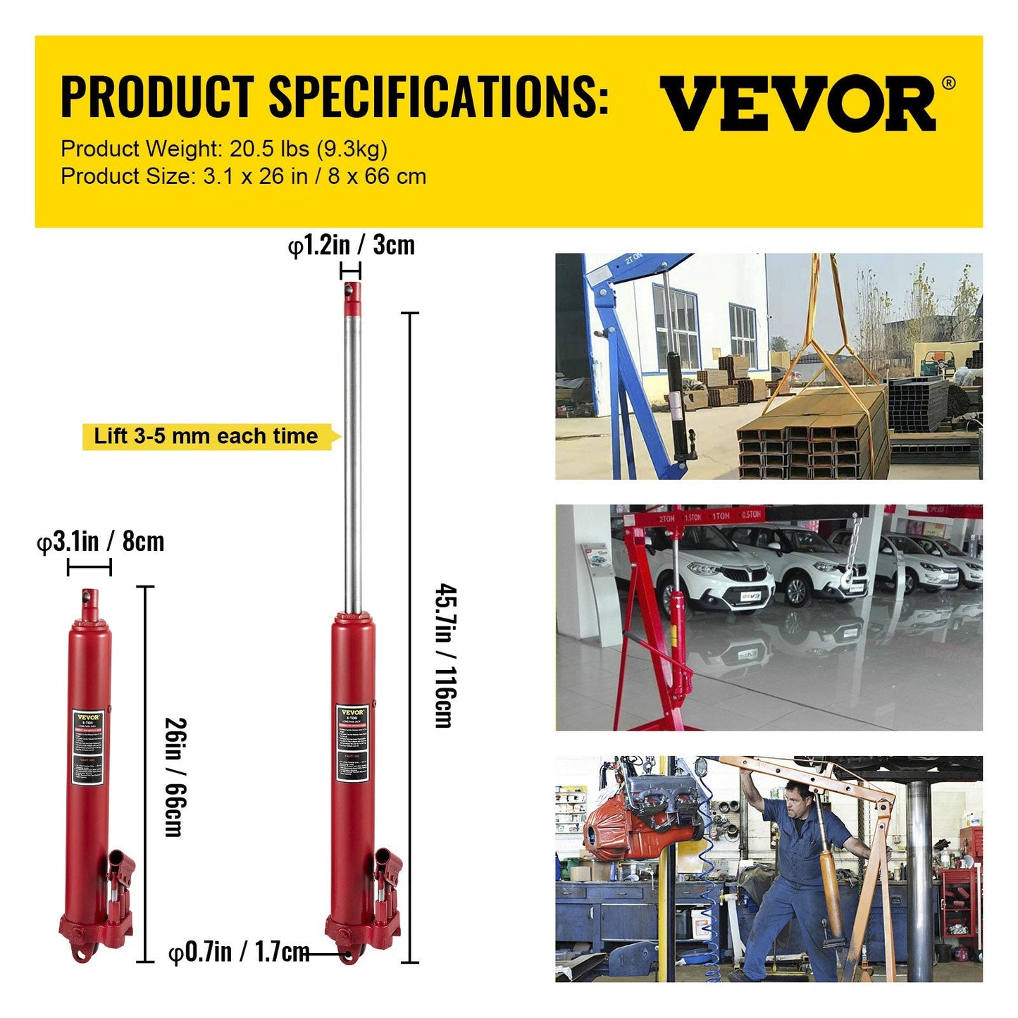 8-Ton Long Ram Hydraulic Jack – Full Side View in Red
Hydraulic Long Ram Jack – Pump Handle and Cylinder Detail
Heavy-Duty 8 Ton Jack – Top Cap and Piston Close-Up
Red Steel Long Ram Jack – Mounted on Engine Hoist Setup
Shop Crane Hydraulic Jack – Long Stroke Adjustment View