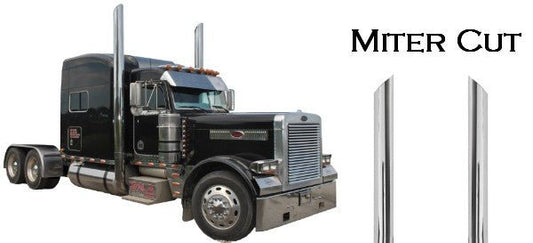 "8 inch chrome miter cut exhaust stacks for Peterbilt 379"
"Complete chrome stack kit for Peterbilt 378"
"8x10 exhaust stack with cab brackets and elbows"
"Truck chrome exhaust system with T-pipe and brackets"

