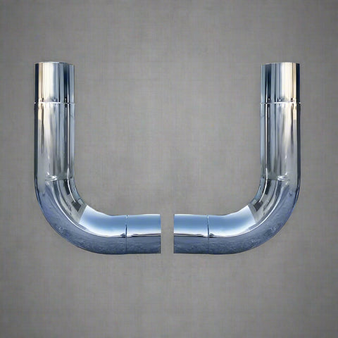 "8 inch chrome miter cut exhaust stacks for Peterbilt 379"
"Complete chrome stack kit for Peterbilt 378"
"8x10 exhaust stack with cab brackets and elbows"
"Truck chrome exhaust system with T-pipe and brackets"
