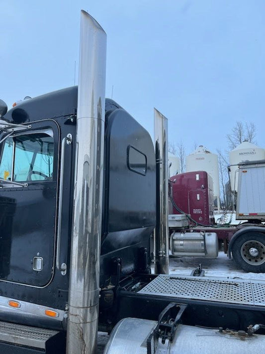 "8 inch chrome miter cut exhaust stacks for Peterbilt 379"
"Complete chrome stack kit for Peterbilt 378"
"8x10 exhaust stack with cab brackets and elbows"
"Truck chrome exhaust system with T-pipe and brackets"