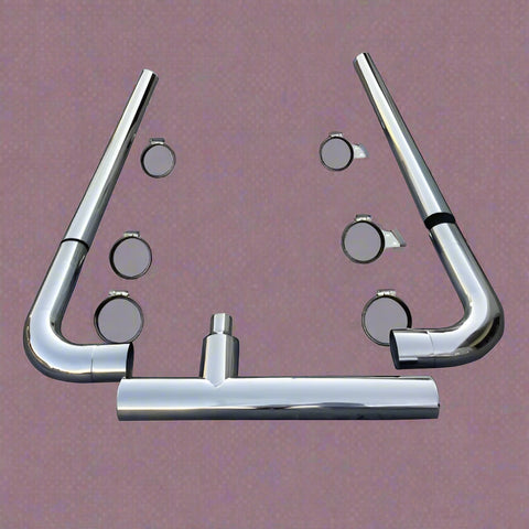 "8 inch chrome miter cut exhaust stacks for Peterbilt 379"
"Complete chrome stack kit for Peterbilt 378"
"8x10 exhaust stack with cab brackets and elbows"
"Truck chrome exhaust system with T-pipe and brackets"

