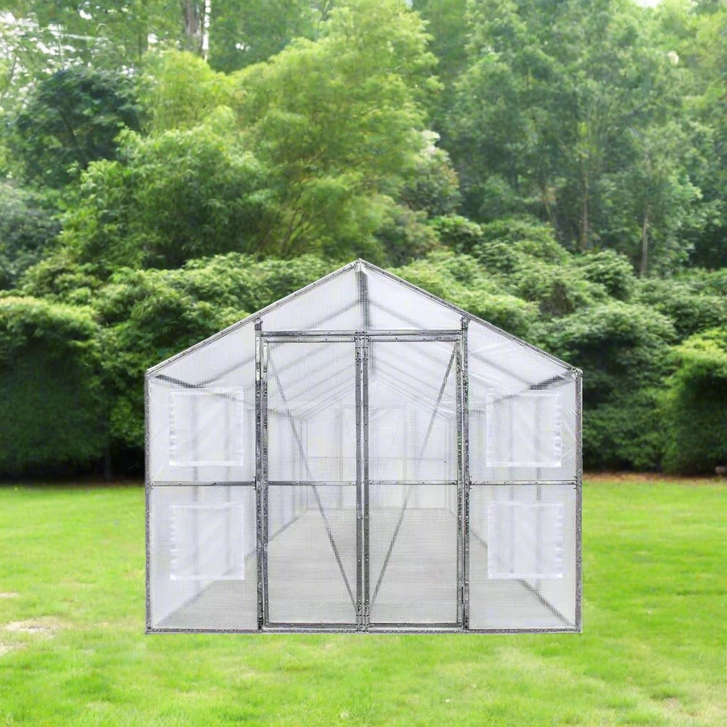 8x13 walk-in PVC greenhouse with metal frame
Greenhouse with dual doors and mesh vents
Side view of 8x26 heavy-duty greenhouse
Gardening shelter for vegetables and herbs