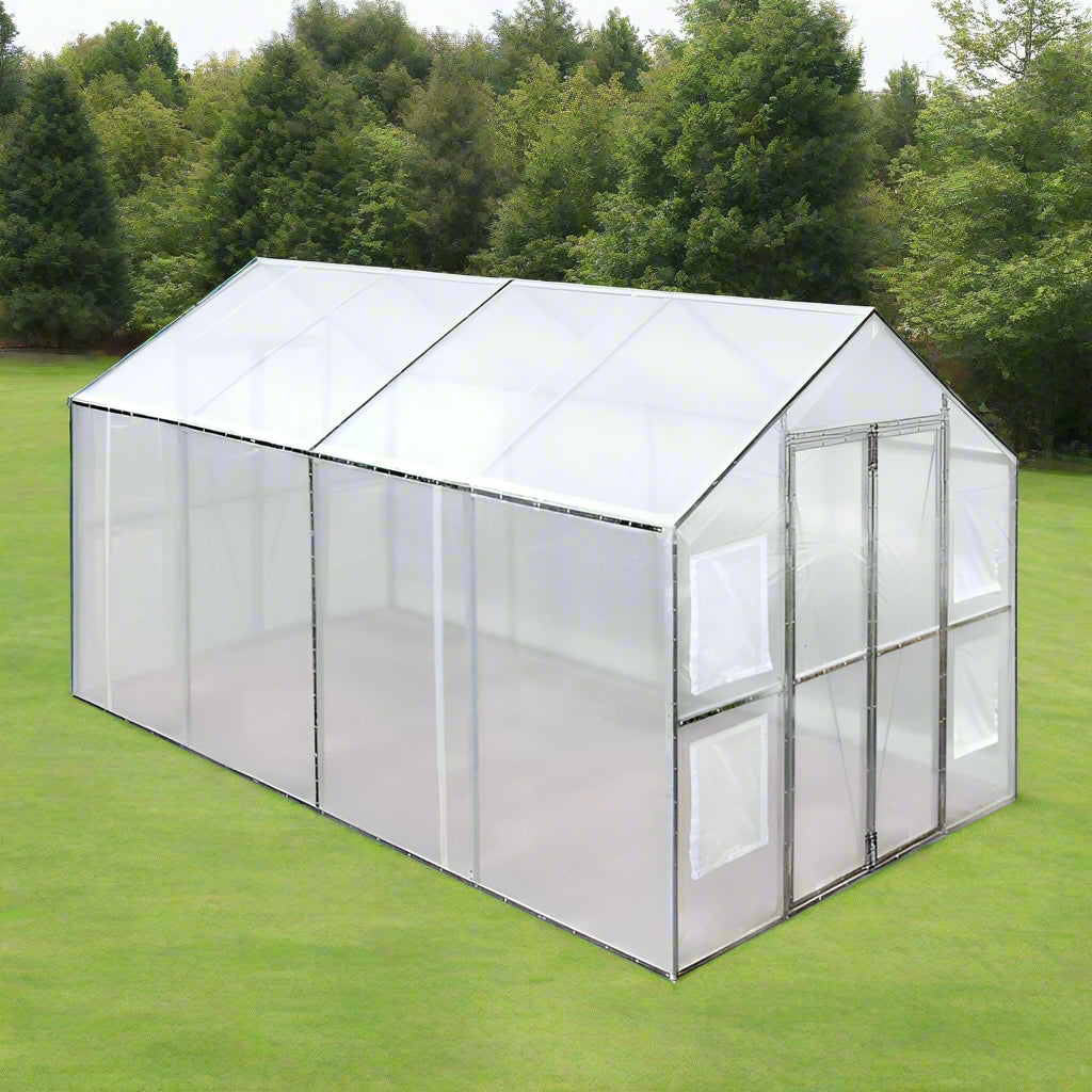 8x13 walk-in PVC greenhouse with metal frame
Greenhouse with dual doors and mesh vents
Side view of 8x26 heavy-duty greenhouse
Gardening shelter for vegetables and herbs