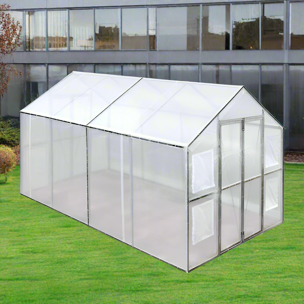 8x13 walk-in PVC greenhouse with metal frame
Greenhouse with dual doors and mesh vents
Side view of 8x26 heavy-duty greenhouse
Gardening shelter for vegetables and herbs