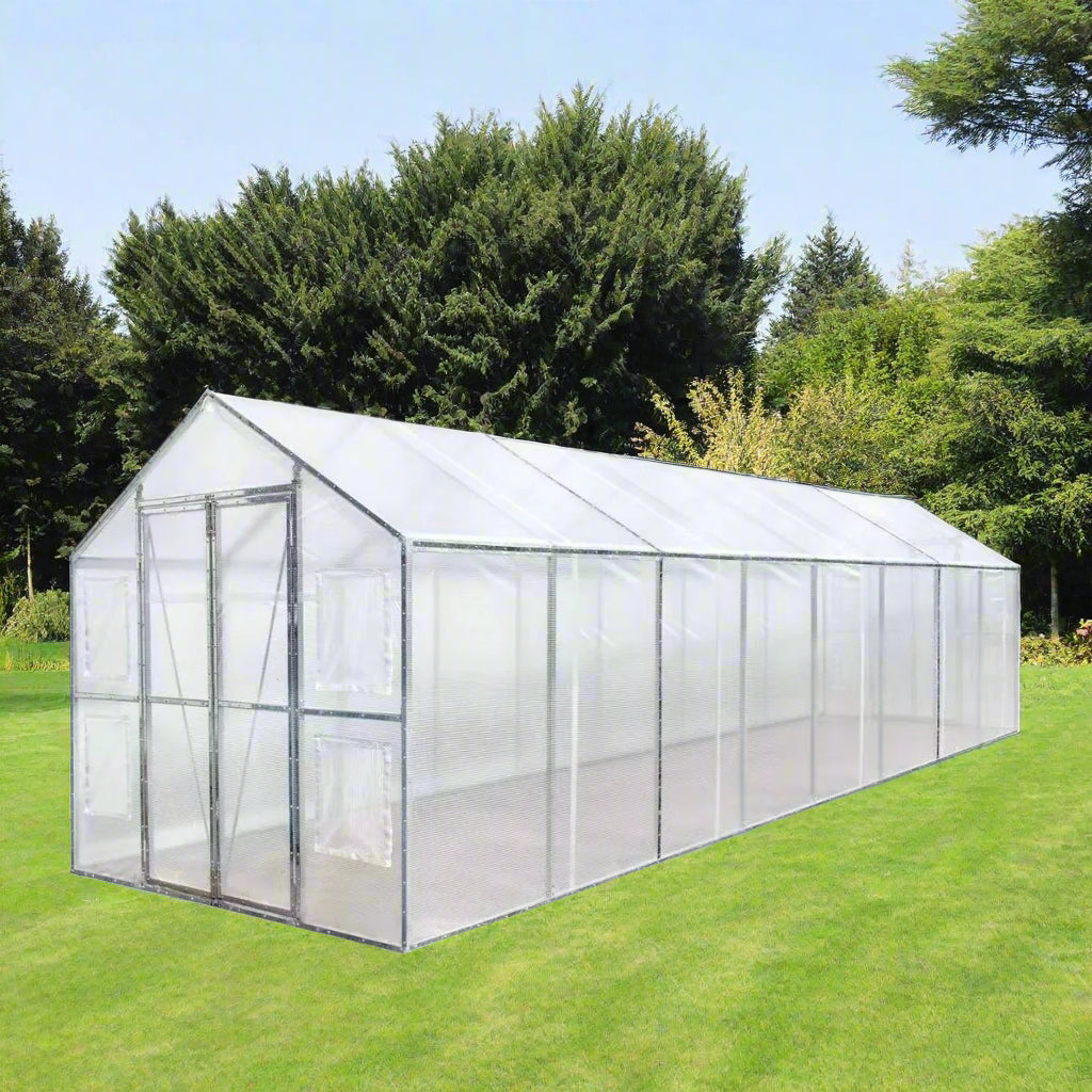8x13 walk-in PVC greenhouse with metal frame
Greenhouse with dual doors and mesh vents
Side view of 8x26 heavy-duty greenhouse
Gardening shelter for vegetables and herbs