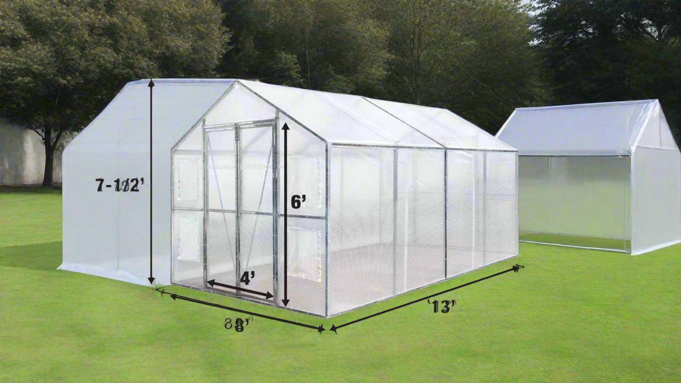 8x13 walk-in PVC greenhouse with metal frame
Greenhouse with dual doors and mesh vents
Side view of 8x26 heavy-duty greenhouse
Gardening shelter for vegetables and herbs
