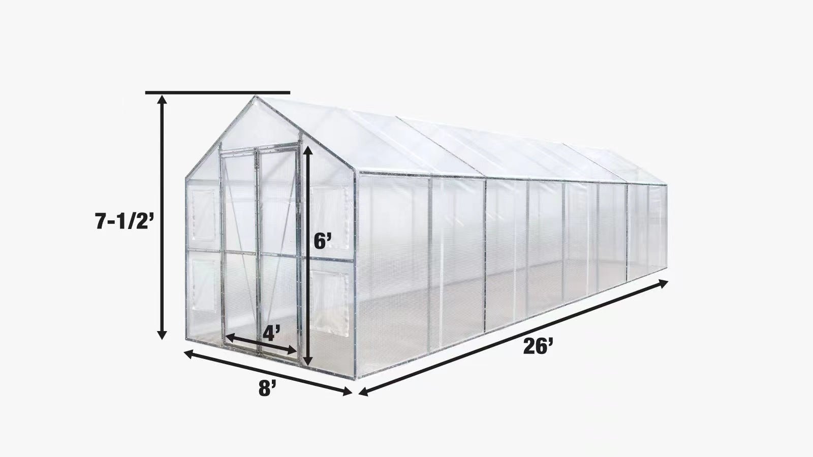 8x13 walk-in PVC greenhouse with metal frame
Greenhouse with dual doors and mesh vents
Side view of 8x26 heavy-duty greenhouse
Gardening shelter for vegetables and herbs