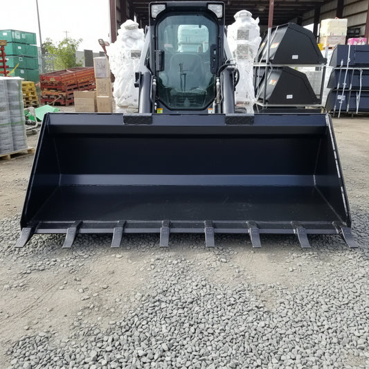 80" skid steer digging bucket with removable teeth

Heavy-duty bucket on job site with loader

Front view of 84-inch skid steer bucket

Skid steer digging into dirt with steel bucket

Wear strips and teeth close-up for material handling