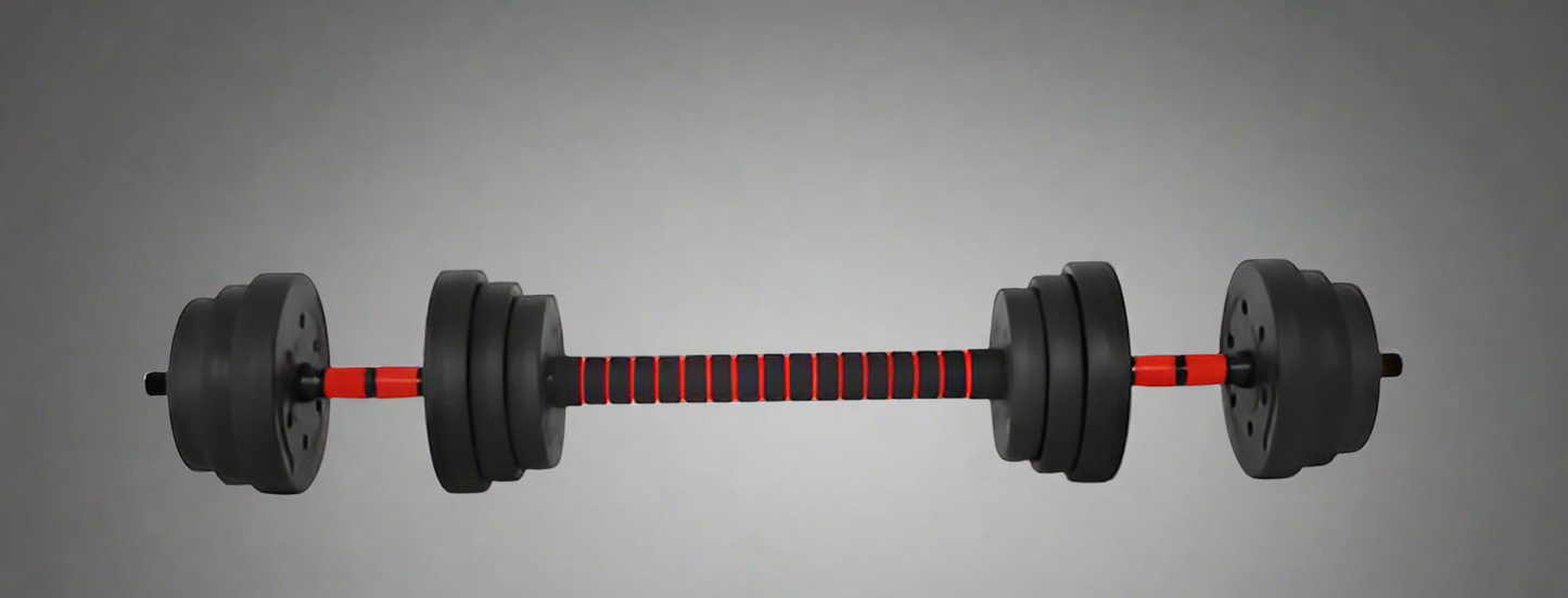 80 lb adjustable dumbbell set with textured grip and black weight plates
Pair of dumbbells with spinlock collars and metal connector bar
Full set of adjustable weight plates with barbell conversion chart